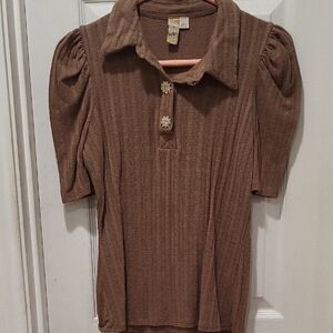 Misia Brown Ribbed Button Down Shirt